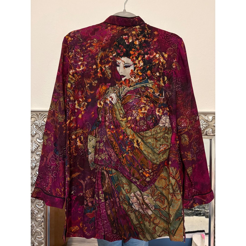 Vtg Chicos 100% Silk Geisha Portrait Floral Art to Wear Jacket Magenta Size 1 h5